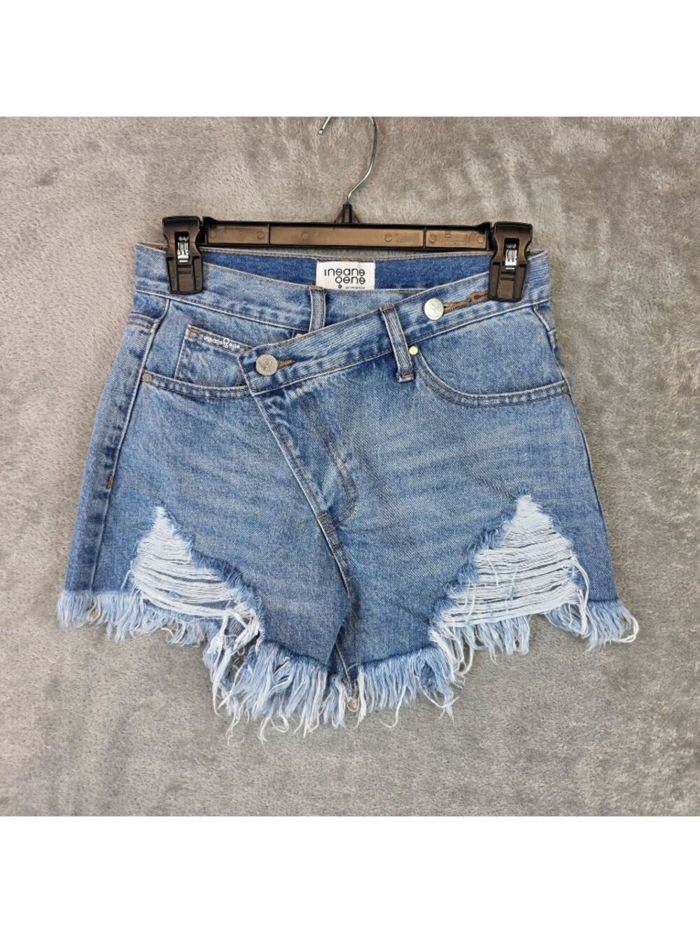 Insane Gene Shorts Womens XS Blue Denim High Rise Crossover Cutoff Distressed
